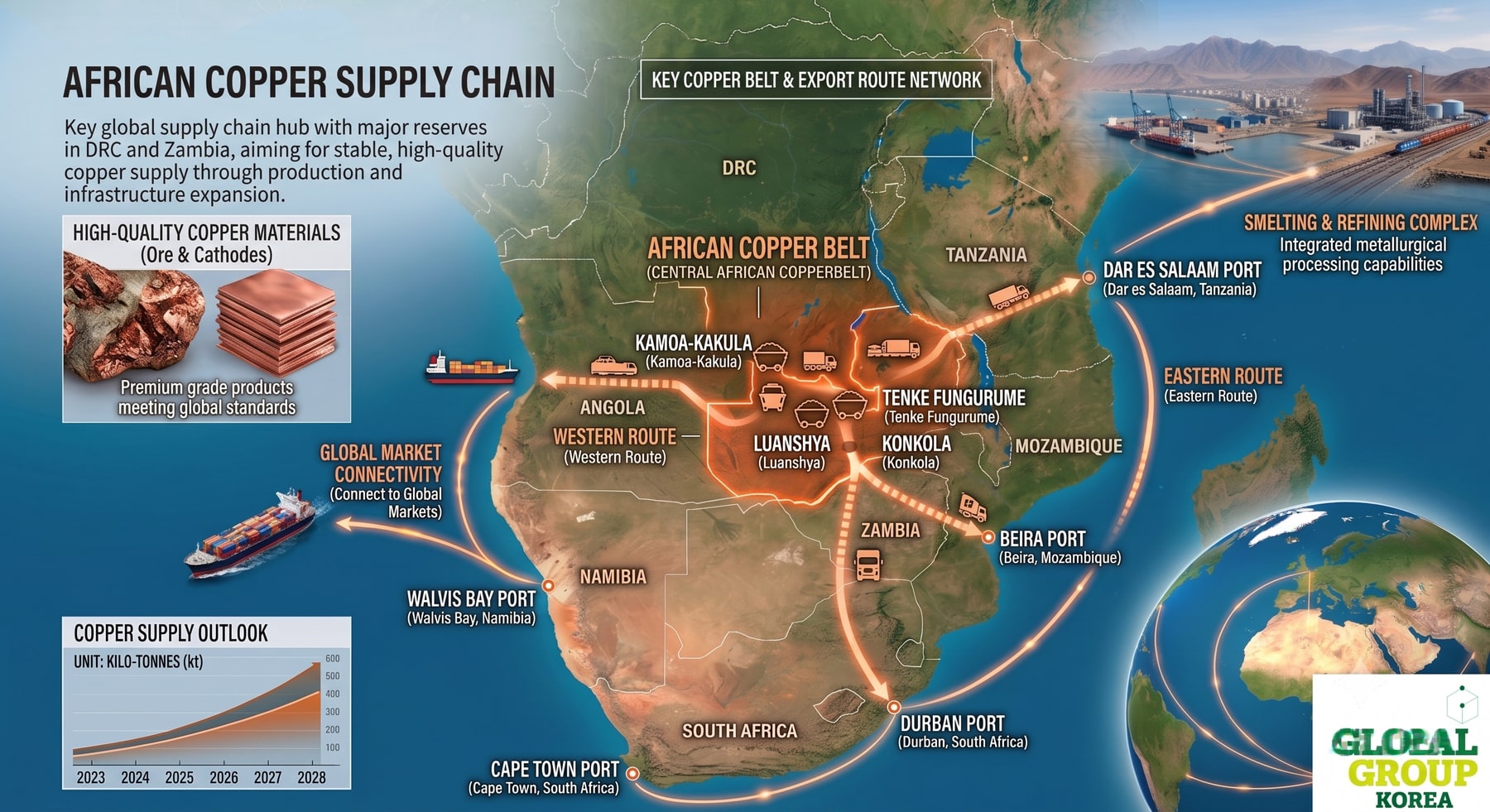 Infographic map showing the African Copper Supply Chain, featuring major mines in DRC and Zambia, logistics routes to Lobito, Dar es Salaam and Durban ports, and global market connectivity.