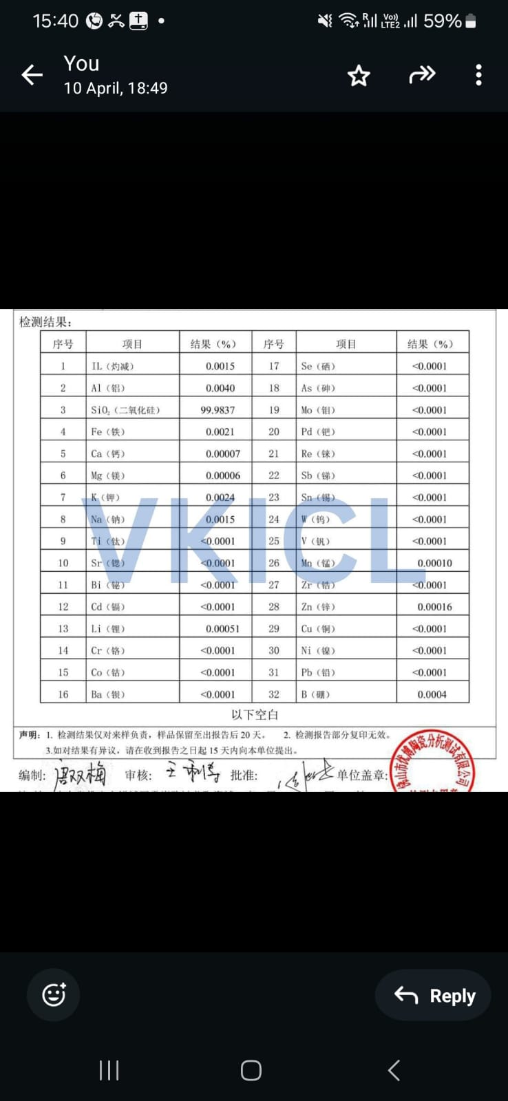 Chemical Analysis Certificate — SiO₂ 99.98%+